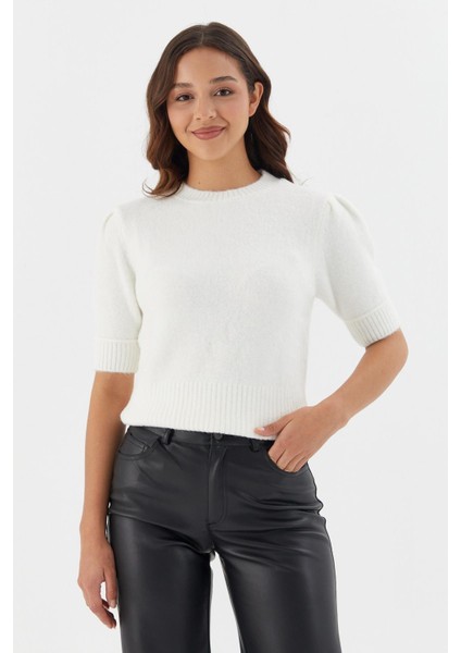 Kısa Balon Kol Triko Bluz Ekru