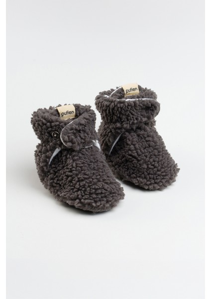 Kaydırmaz Tabanlı Bebek Pandufu – Peluş ve Terletmez Organik Pamuk Astarlı Antrasit Panduf