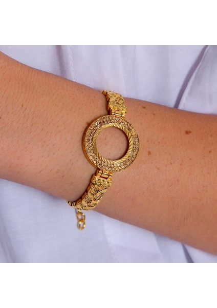 Yarımlı Çerçeve Bileklik Altın Kaplama Taşlı Lazerli Kelepçe BLZ-294