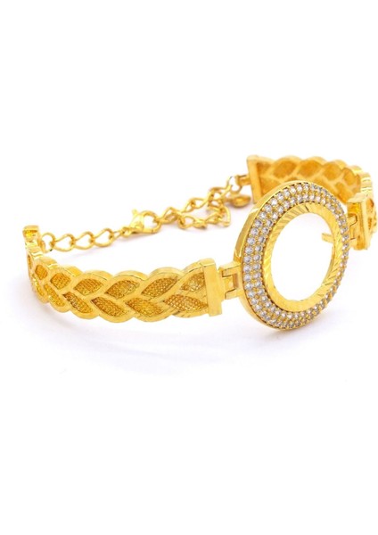 Yarımlı Çerçeve Bileklik Altın Kaplama Taşlı Lazerli Kelepçe BLZ-294