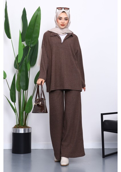 Kahverengi Kaşkorse Tunik Pantolonlu Takım