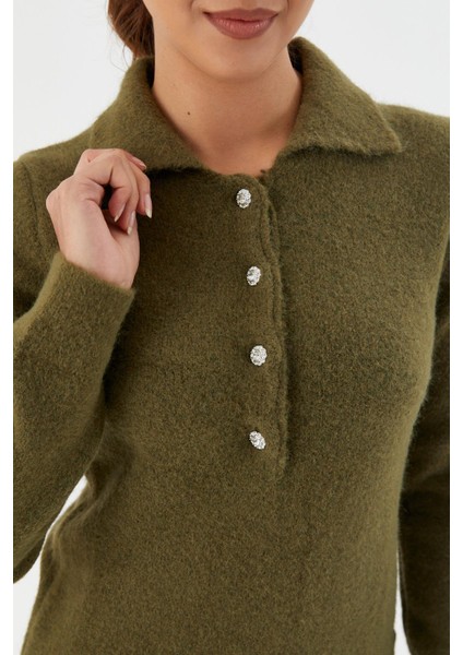 Yumuşak Dokulu Düğmeli Triko Kazak Hakı fiyatları