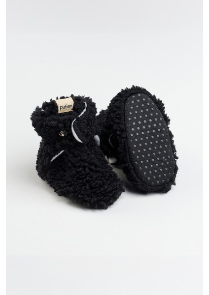 Kaydırmaz Tabanlı Bebek Pandufu – Peluş ve Terletmez Organik Pamuk Astarlı Siyah Panduf