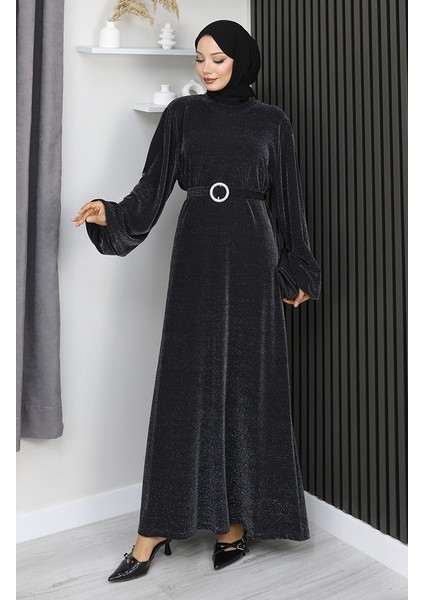 Scuba Kumaş Simli Abiye Elbise 0207A-01 Siyah