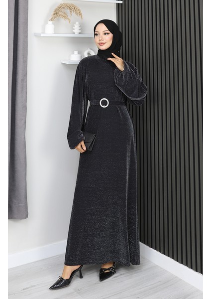 Scuba Kumaş Simli Abiye Elbise 0207A-01 Siyah modelleri