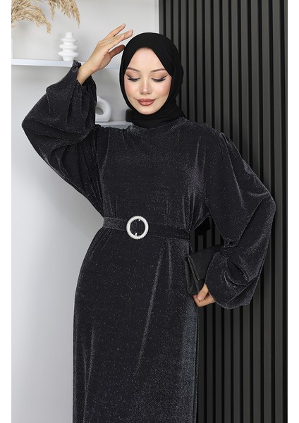 Scuba Kumaş Simli Abiye Elbise 0207A-01 Siyah indirimleri