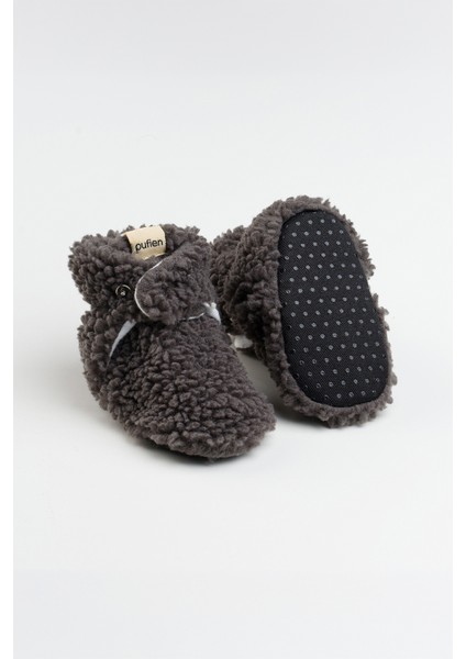 Kaydırmaz Tabanlı Bebek Pandufu – Peluş ve Terletmez Organik Pamuk Astarlı Antrasit Panduf