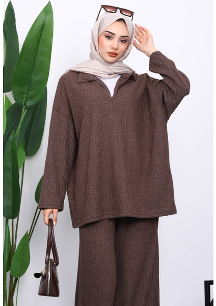 Kahverengi Kaşkorse Tunik Pantolonlu Takım modelleri