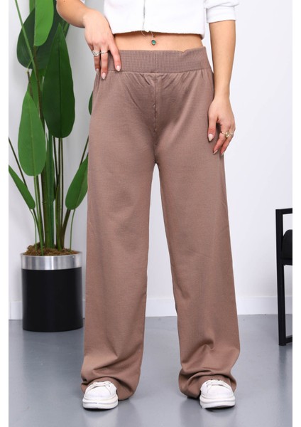 Koyuv Vizon Yüksek Bel Fitilli Bol Paça Triko Pantolon