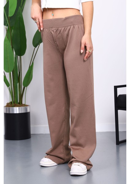 Koyuv Vizon Yüksek Bel Fitilli Bol Paça Triko Pantolon modelleri