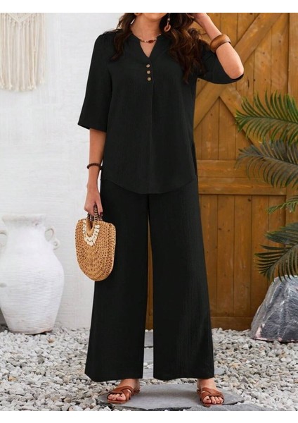 Kadın Kısa Kollu V Hakim Yaka Düğmeli Bürümcük Bluz ve Pantolon Ikili Takım indirimleri