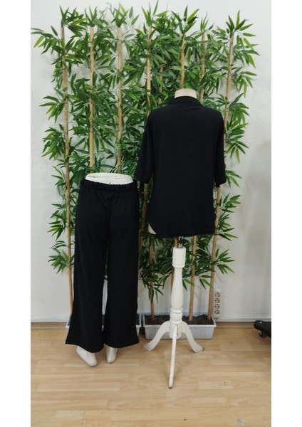 Kadın Kısa Kollu V Hakim Yaka Düğmeli Bürümcük Bluz ve Pantolon Ikili Takım