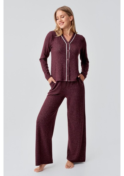 Uzun Kollu Düğmeli Esnek Yumuşak Dokulu Viskoz Pijama Takım 18205