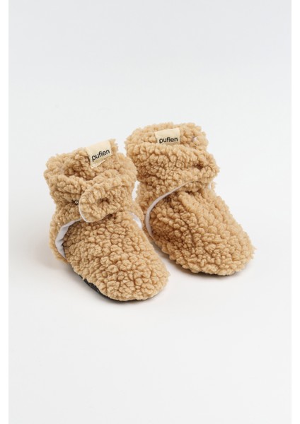 Kaydırmaz Tabanlı Bebek Pandufu – Peluş ve Terletmez Organik Pamuk Astarlı Bej Panduf