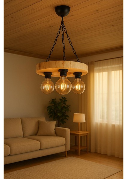 Kütük Avize 3'lü Başlık Masif Ahşap Salon Otel Kafe Bungalov Ev