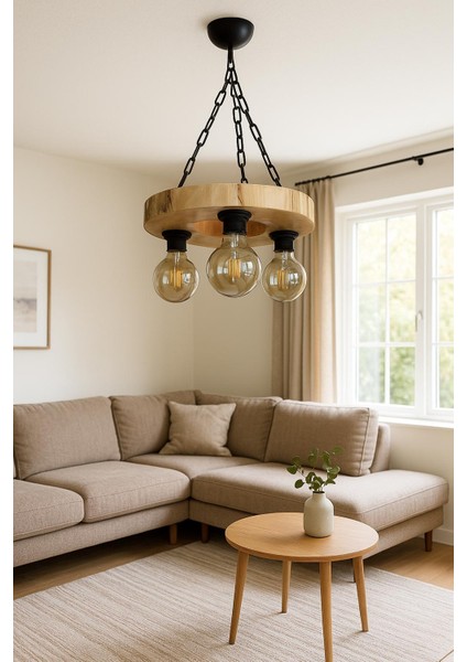 Kütük Avize 3'lü Başlık Masif Ahşap Salon Otel Kafe Bungalov Ev modelleri