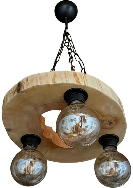 Kütük Avize 3'lü Başlık Masif Ahşap Salon Otel Kafe Bungalov Ev