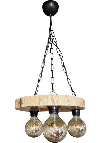 Kütük Avize 3'lü Başlık Masif Ahşap Salon Otel Kafe Bungalov Ev