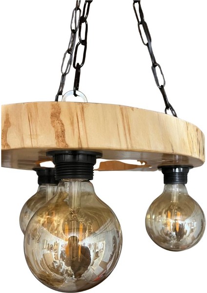 Kütük Avize 3'lü Başlık Masif Ahşap Salon Otel Kafe Bungalov Ev