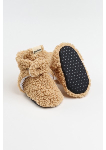 Kaydırmaz Tabanlı Bebek Pandufu – Peluş ve Terletmez Organik Pamuk Astarlı Bej Panduf