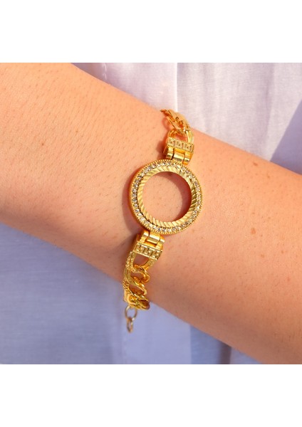 Altın Kaplama İmitasyon Zirkon Taşlı Desenli Figaro Model Çeyrek Çerçeve Bileklik BLK-1160