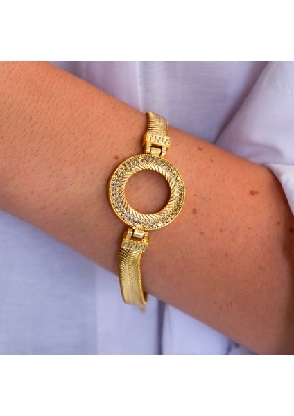 Altın Kaplama İmitasyon 2 Sıra Zirkon Taşlı İtalyan Çeyrek Çerçeve Bileklik BLK-1168
