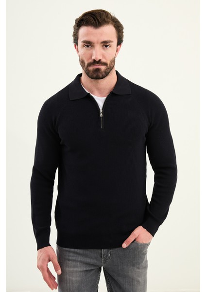 Dokulu Slim Fit Fermuarlı Polo Yaka Erkek Triko Kazak