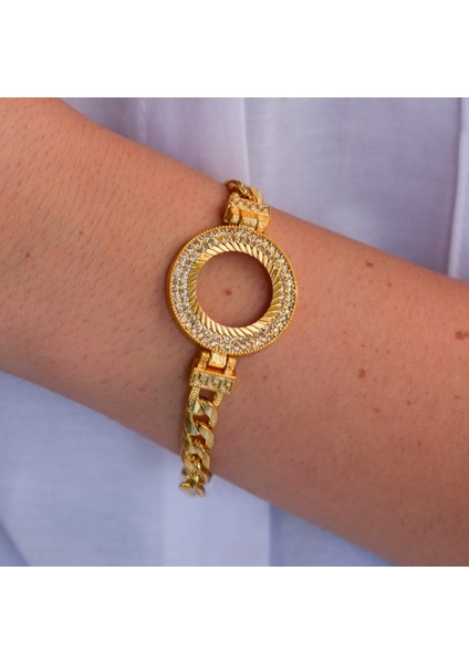 Altın Kaplama İmitasyon 2 Sıra Zirkon Taşlı Desenli Figaro Çeyrek Çerçeve Bileklik BLK-1169