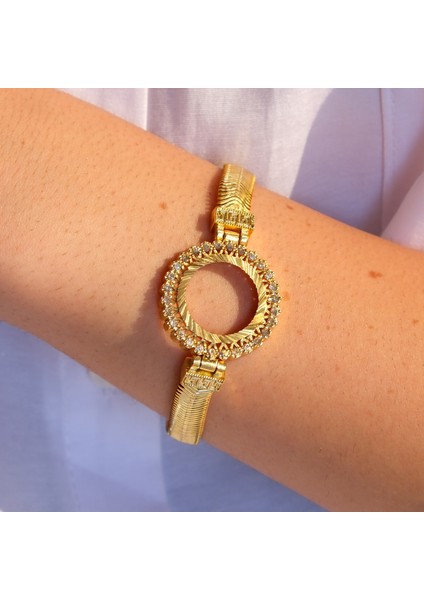 Altın Kaplama İmitasyon Zirkon Taşlı İşlemeli İtalyan Çeyrek Çerçeve Bileklik BLK-1167
