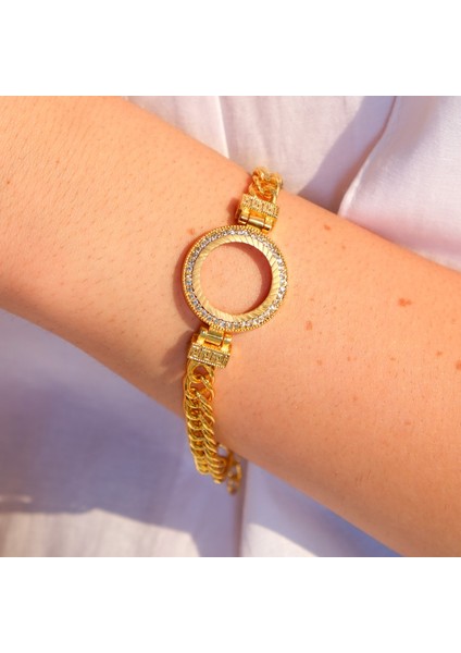 Altın Kaplama İmitasyon Zirkon Taşlı Zincirli Çeyrek Çerçeve Bileklik BLK-1166