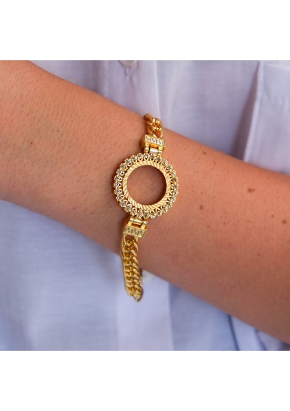 Altın Kaplama İmitasyon Zirkon Taşlı İşlemeli Zincir Çeyrek Çerçeve Bileklik BLK-1170