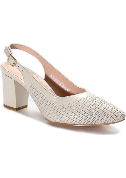 Hakiki Deri Bej Kadın Kalın Topuklu Ayakkabı 064za360