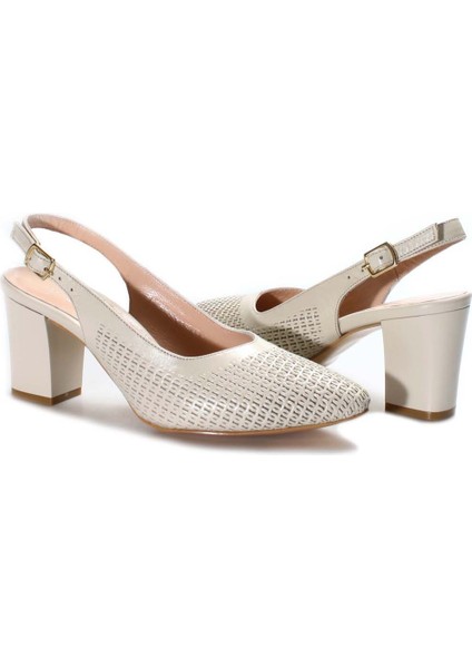 Hakiki Deri Bej Kadın Kalın Topuklu Ayakkabı 064za360