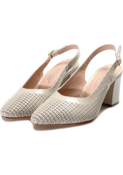 Hakiki Deri Bej Kadın Kalın Topuklu Ayakkabı 064za360