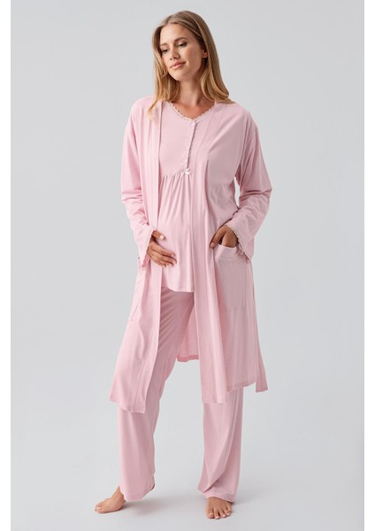 Uzun Kollu Düğmeli Esnek Viskoz Hamile Sabahlık Pijama Takım 18302