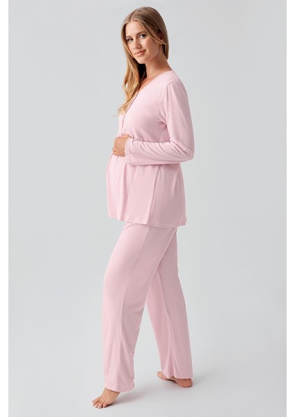 Uzun Kollu Düğmeli Esnek Viskoz Hamile Sabahlık Pijama Takım 18302 fırsatları