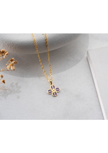 Papatya Silver 925 Ayar Dört Yaprak Lila Pırlanta Yonca Kolye<rose,gold,rodaj>