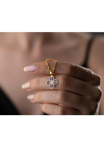Papatya Silver 925 Ayar Dört Yaprak Lila Pırlanta Yonca Kolye<rose,gold,rodaj> fırsatları