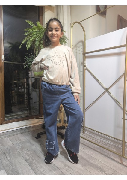 Kız Çocuk Bol Paça Kot Pantolonlu Takım (Sweatshirt+ Beli Lastikli Pantolon) Yıldızlı Mavi