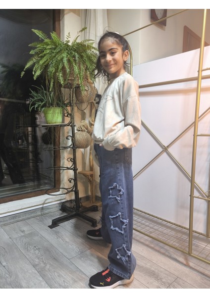 Kız Çocuk Bol Paça Kot Pantolonlu Takım (Sweatshirt+ Beli Lastikli Pantolon) Yıldızlı Mavi modelleri