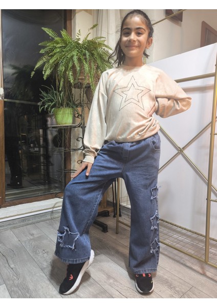 Kız Çocuk Bol Paça Kot Pantolonlu Takım (Sweatshirt+ Beli Lastikli Pantolon) Yıldızlı Mavi fırsatları