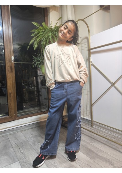 Kız Çocuk Bol Paça Kot Pantolonlu Takım (Sweatshirt+ Beli Lastikli Pantolon) Yıldızlı Mavi