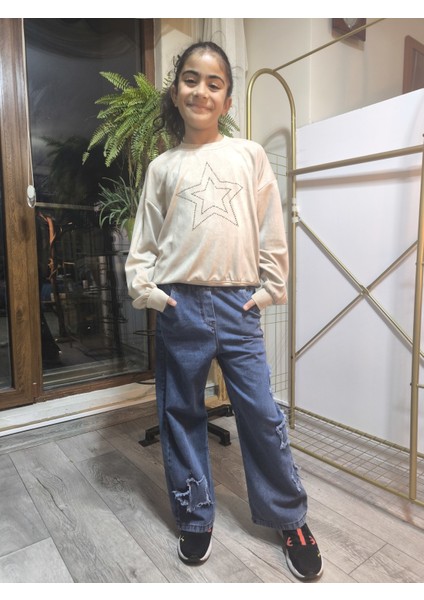 Kız Çocuk Bol Paça Kot Pantolonlu Takım (Sweatshirt+ Beli Lastikli Pantolon) Yıldızlı Mavi