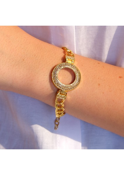 Altın Kaplama İmitasyon 2 Sıra Zirkon Taşlı Desenli Figaro Model Çeyrek Çerçeve Bileklik BLK-1159