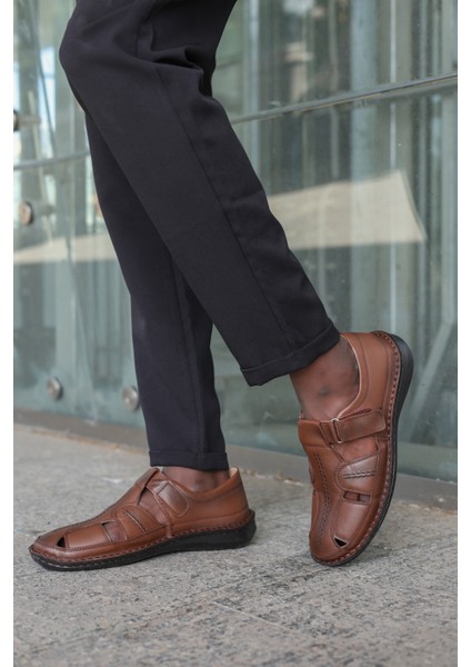 Erkek Hakiki Deri Bantlı Günlük Rahat Yazlık Hafif Sandalet Taba 662ma119b