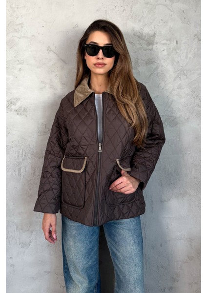 Kadın Kadife Yakalı Kapitone Mont 5229