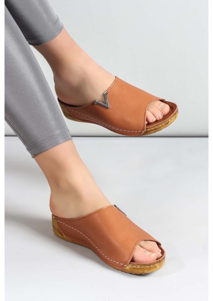 Kadın Deri Rahat Yazlık Dolgu Topuk Günlük Terlik Taba 972za211