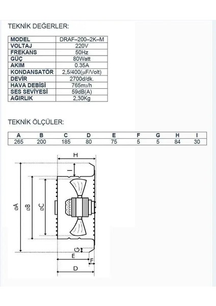 DRAF-250-2K-M 25 cm Monofaze Aksiyal Fan Aspiratör 3000 D/d 220 230 Volt fiyatları