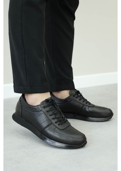 Erkek Hakiki Deri Sneaker Günlük Rahat Spor Yürüyüş Casual Bağcıklı Ayakkabı Siyah 951ma555