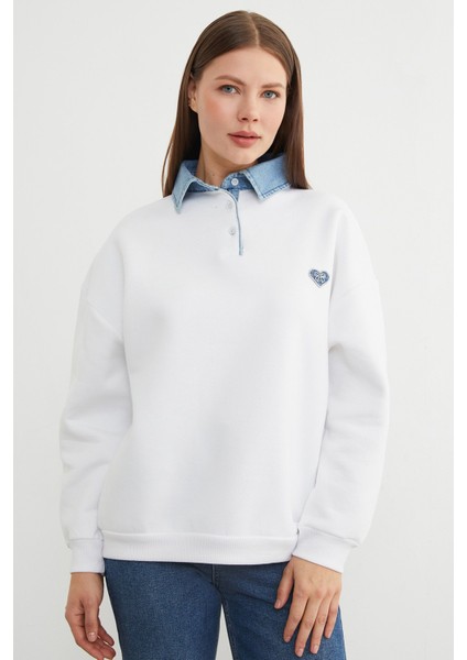 3 Iplik Kalp Nakışlı Polo Yaka Denim Detaylı Sweatshirt fiyatları
